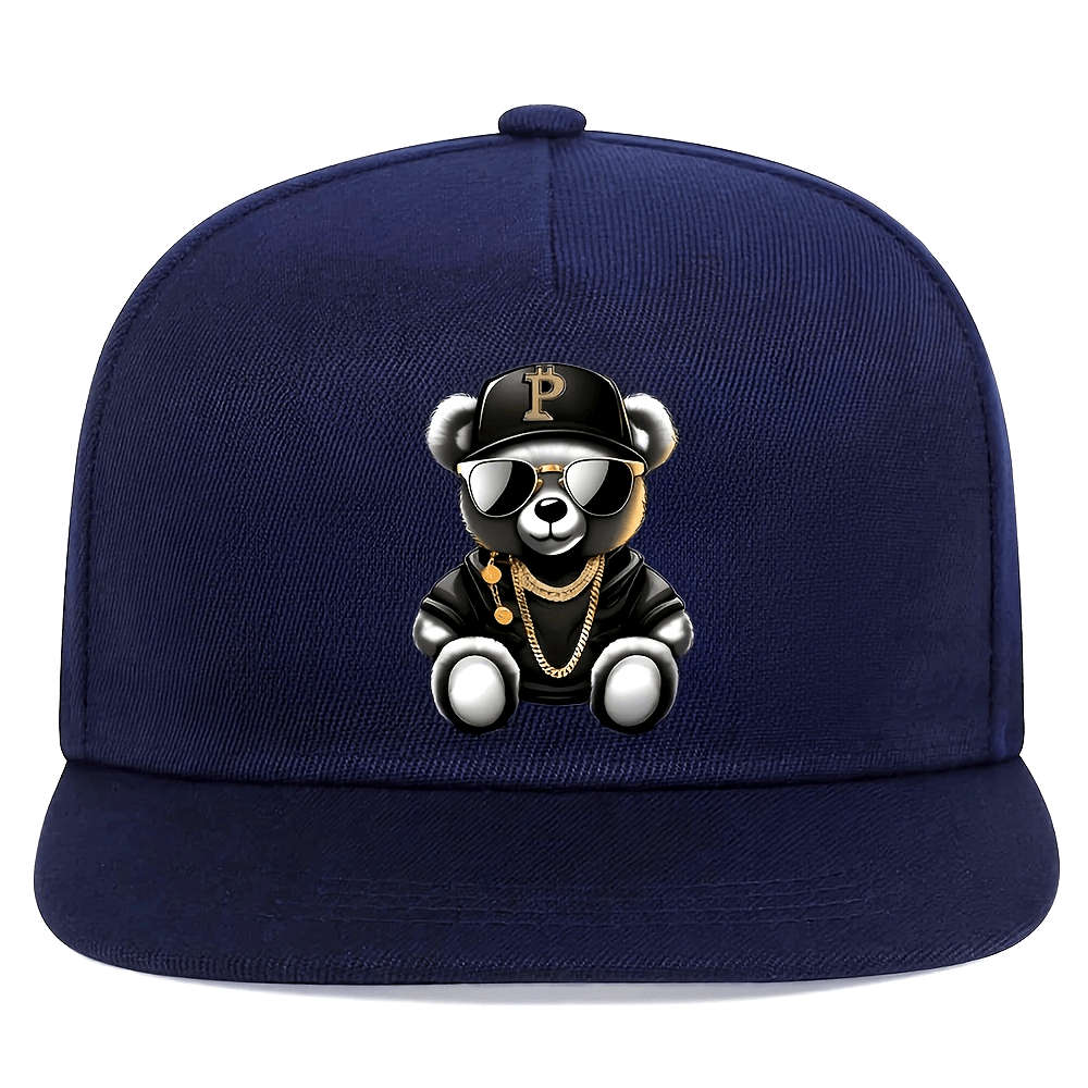 Hip Hop Bear Print Flat Brim Cap Unisex Adjustable Street Style Baseball Hat 100% Polyest