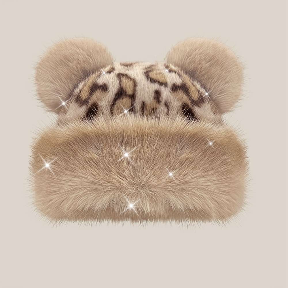Thick Breathable Faux Fur Leopard Print Beanie With Bear Ears Chic Plush Hat