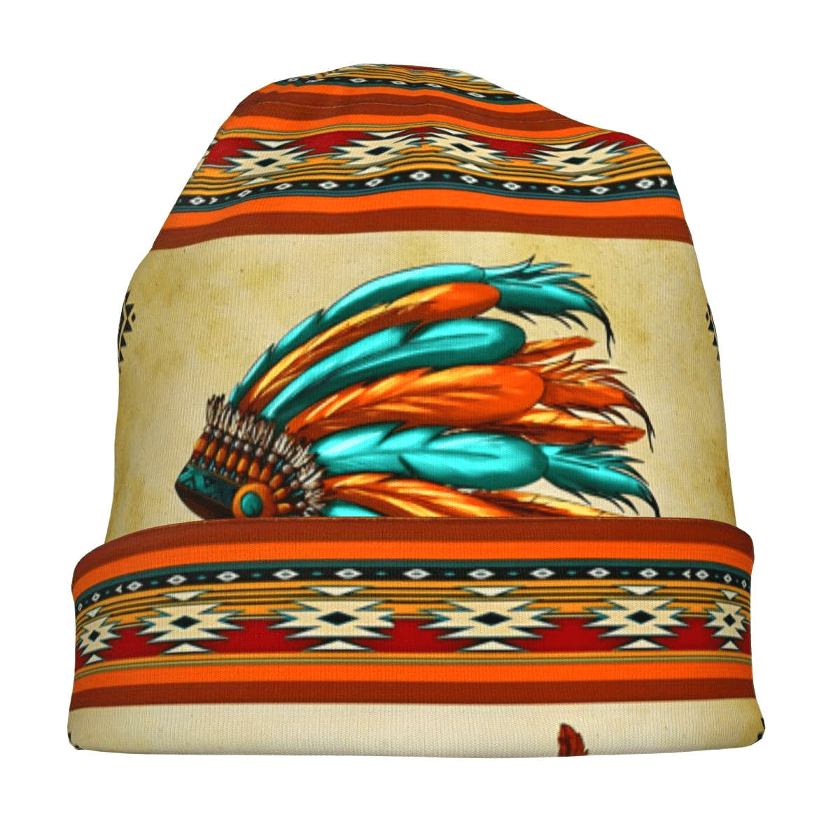 Boho Style Knit Beanie Hat with Native American Feather Headdress Print Biihudu Polyester Blen