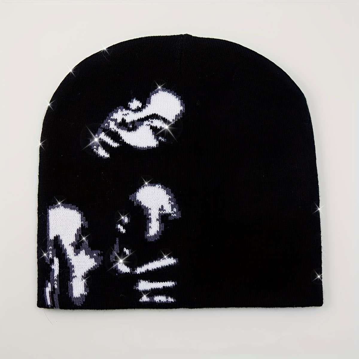 Chic Skull Beanie Black White Jacquard Stretchy Elastic Knit