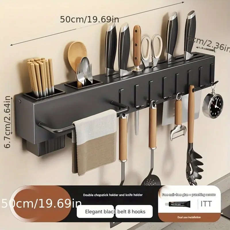1pc Modern Wall-Mounted Kitchen Rack Carbon Steel Multi-Functional Utensil Holder 50cm