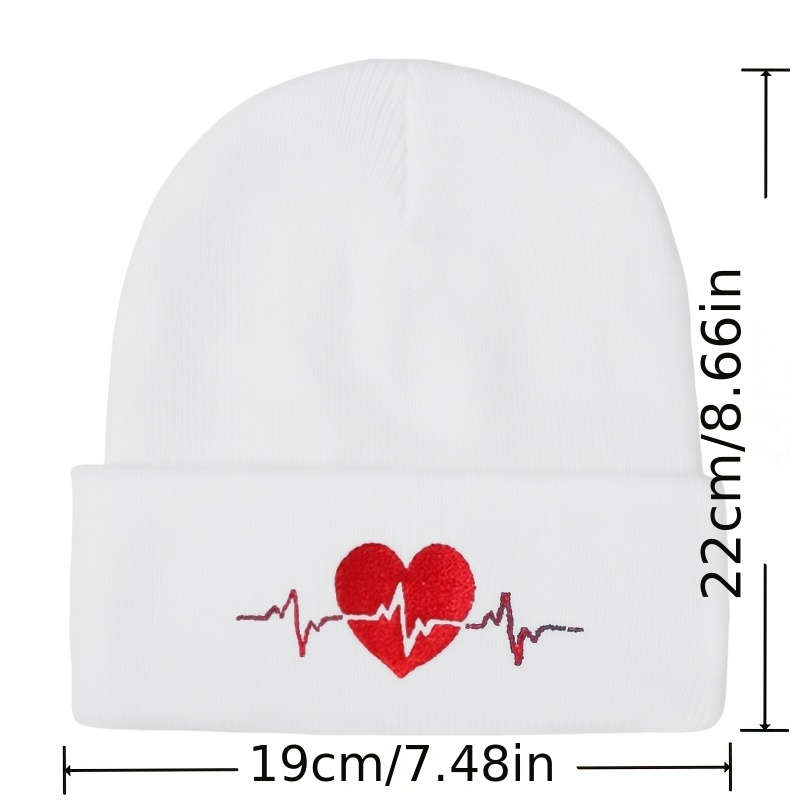 Heartbeat Embroidered Beanie Soft Acrylic Knit Winter Hat Elastic Lightweight Machine