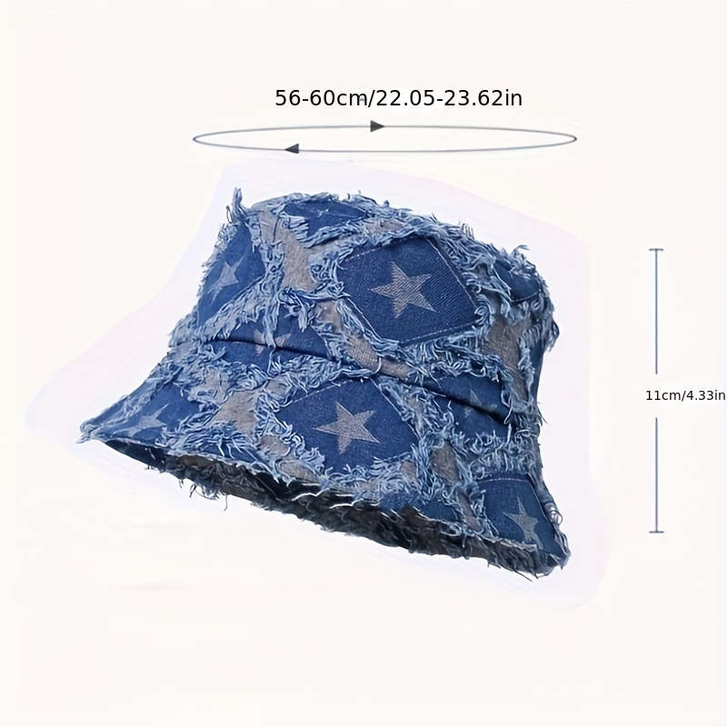 1pc Distressed Star-Patterned Denim Bucket Hat Foldable Sun-Protective Outdoor Cap for Men Wom