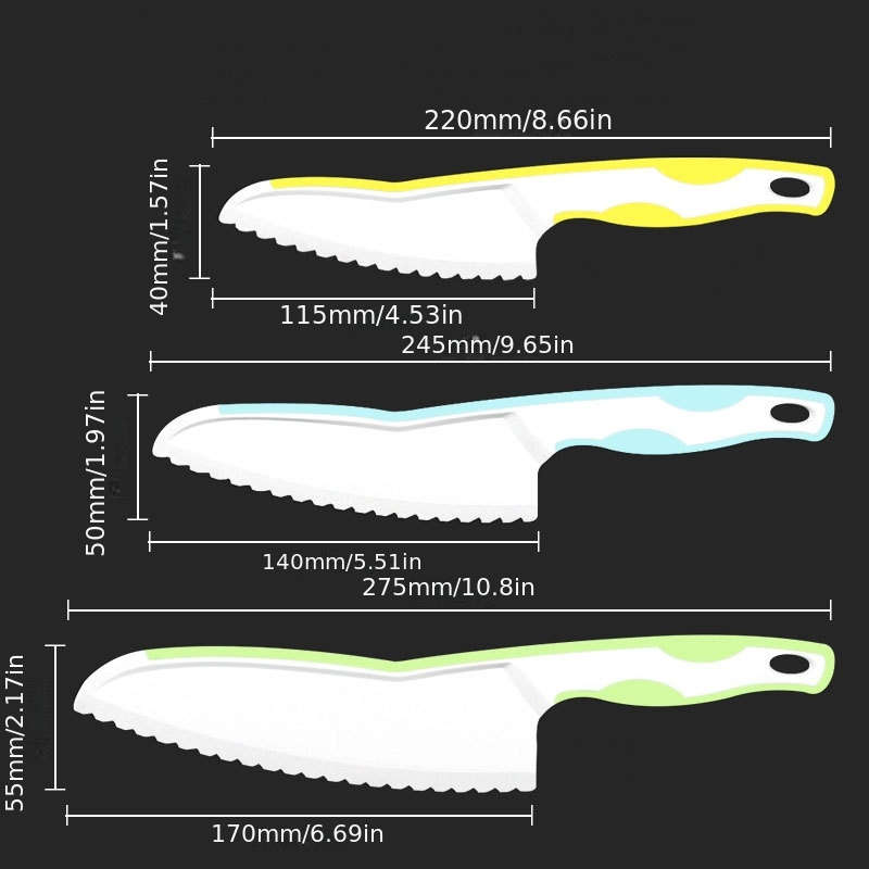 3pcs ABS Plastic Fruit Knife Set Serrated Bread Toast Knife Cake Cutting Knife Beginner Safe