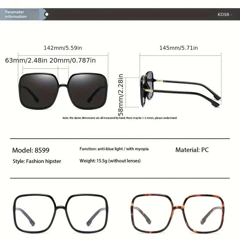 Oversized Square Frame Glasses with Blue Light Blocking - Lightweight Sunglasses