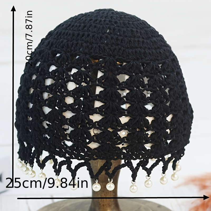 Elegant Hollow Out Crochet Beanie Vintage Beaded Tassel Solid Color Knit Hats Lightweight Skull