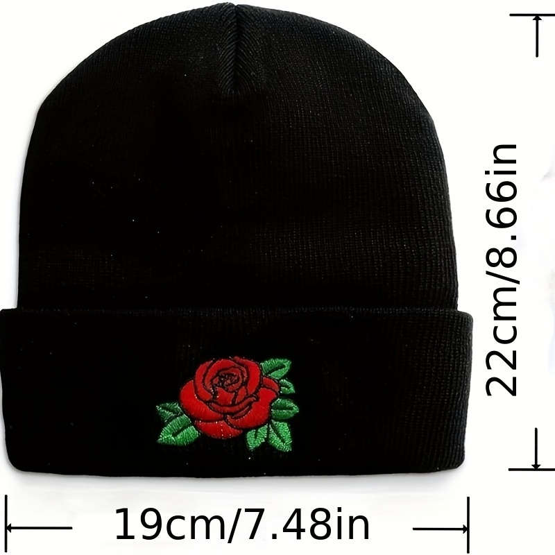 Embroidered Rose Beanie Hat 100% Acrylic Knit Cap with Elasticity Lightweight Winter Headwear