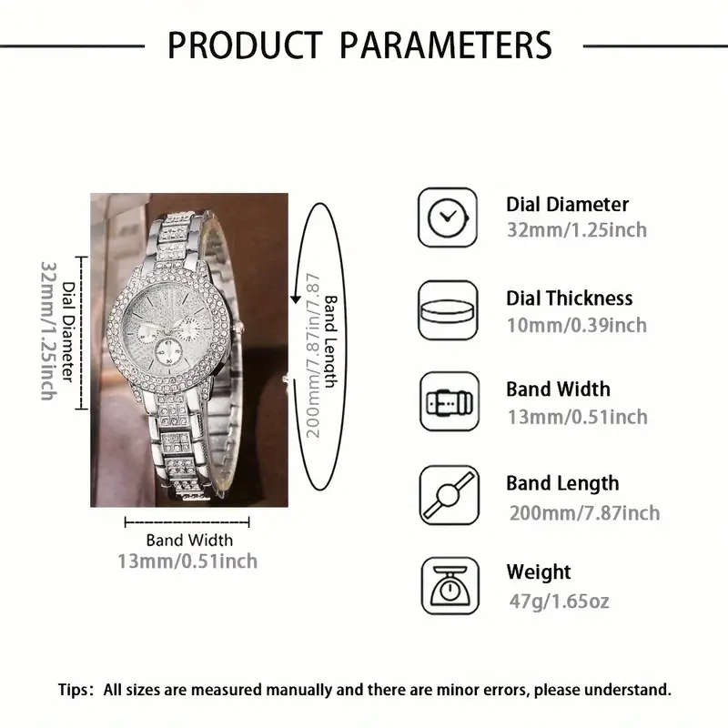 6-Piece Women's Fashion Quartz Watch Silver Rhinestone Necklace Earring Ring Set