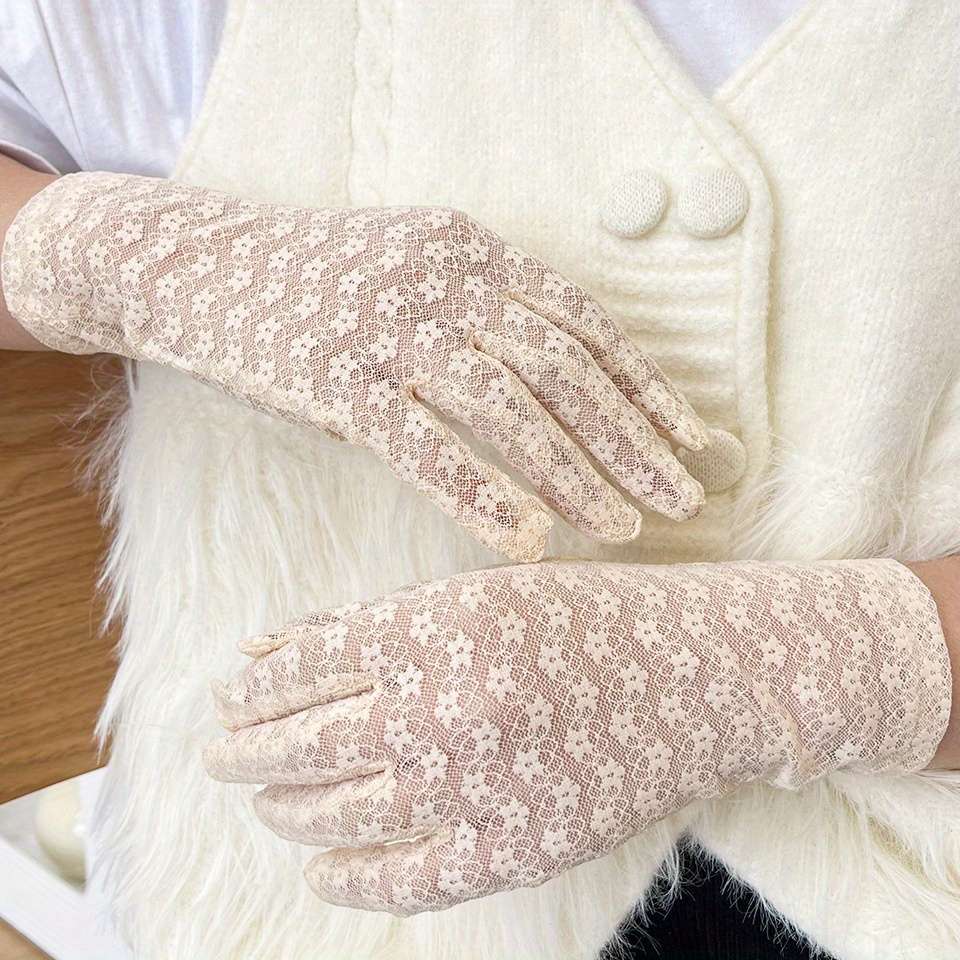 1 Pair Grey One Size Floral Lace Gloves