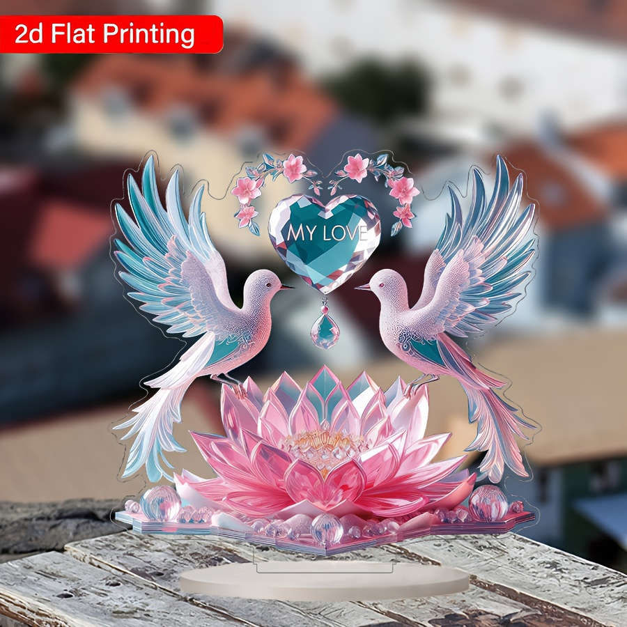 2D Flat Printing Acrylic Desk Decor With Doves Lotus Flower Design Glam Style No