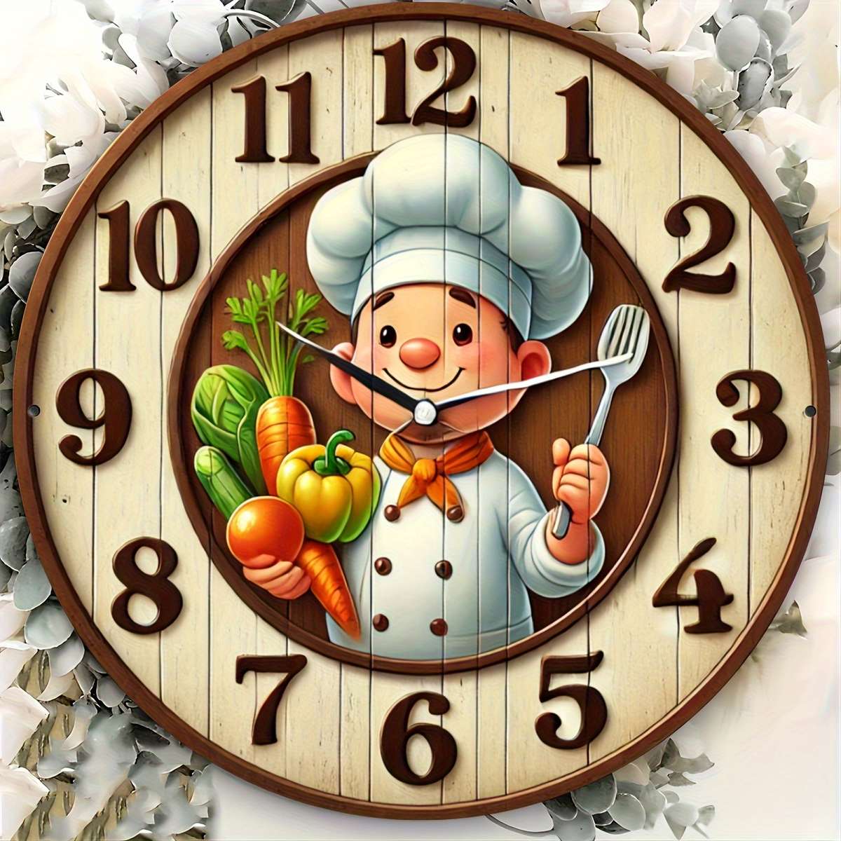 1pc 2D Flat 19.99cm Modern Chef-Themed Round Wall Clock Handcrafted Wooden Decor Not real clock