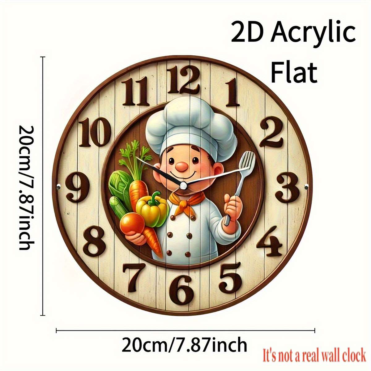 1pc 2D Flat 19.99cm Modern Chef-Themed Round Wall Clock Handcrafted Wooden Decor Not real clock