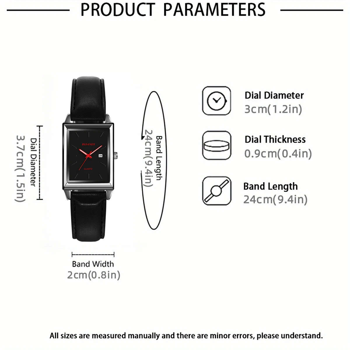 1pc Elegant Rectangular Quartz Watch for Men and Women with PU Leather Strap Date Display and Stylis