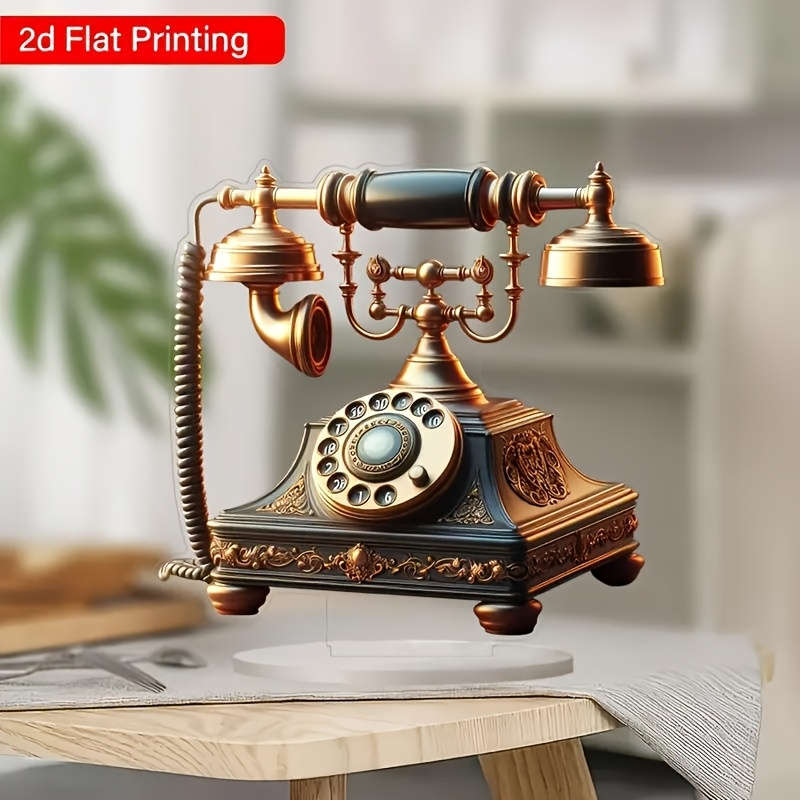 2D Flat Vintage Rotary Telephone Acrylic Desk Decor Non-3D Printed Retro Style Ornat