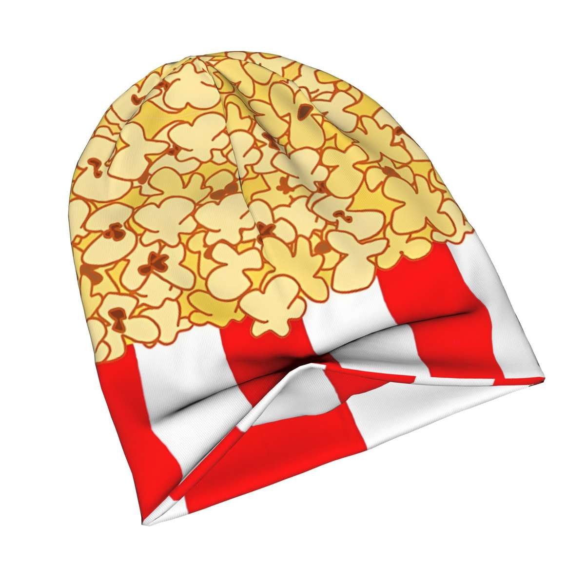 Men's Popcorn Print Beanie Fashionable Red White Striped Knit Hat with Yellow Popcorn D