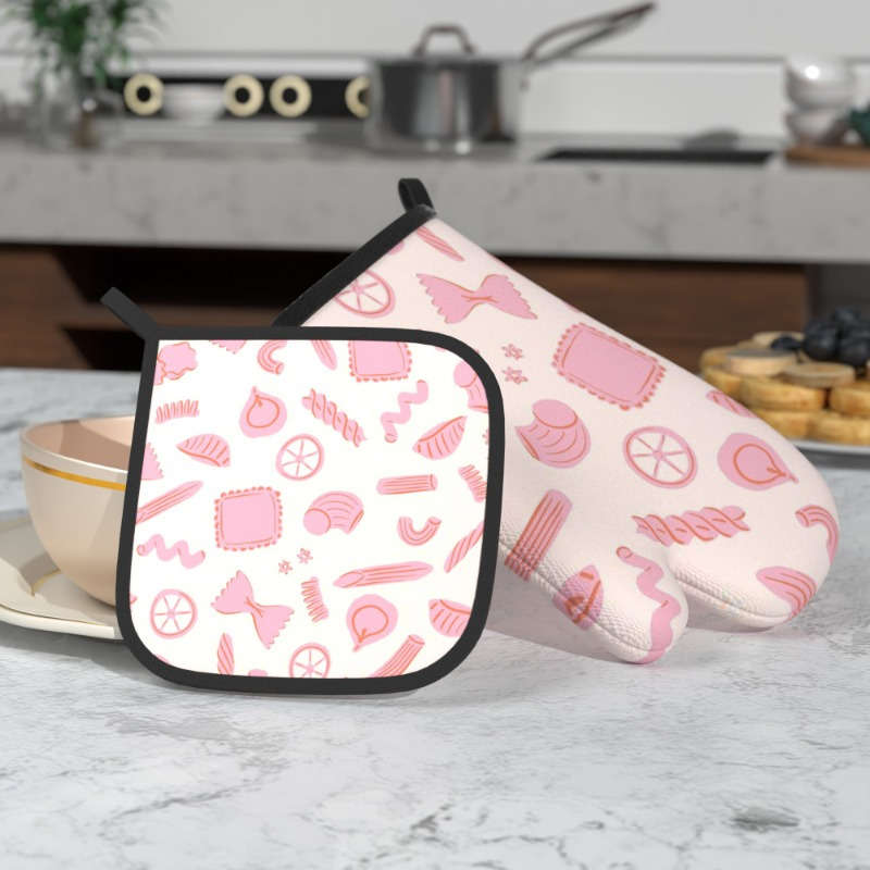 2-Pack Pink Pattern Polyester Oven Mitts 26.92x17.02 cm Heat Resistant Kitchen Potholders Ma