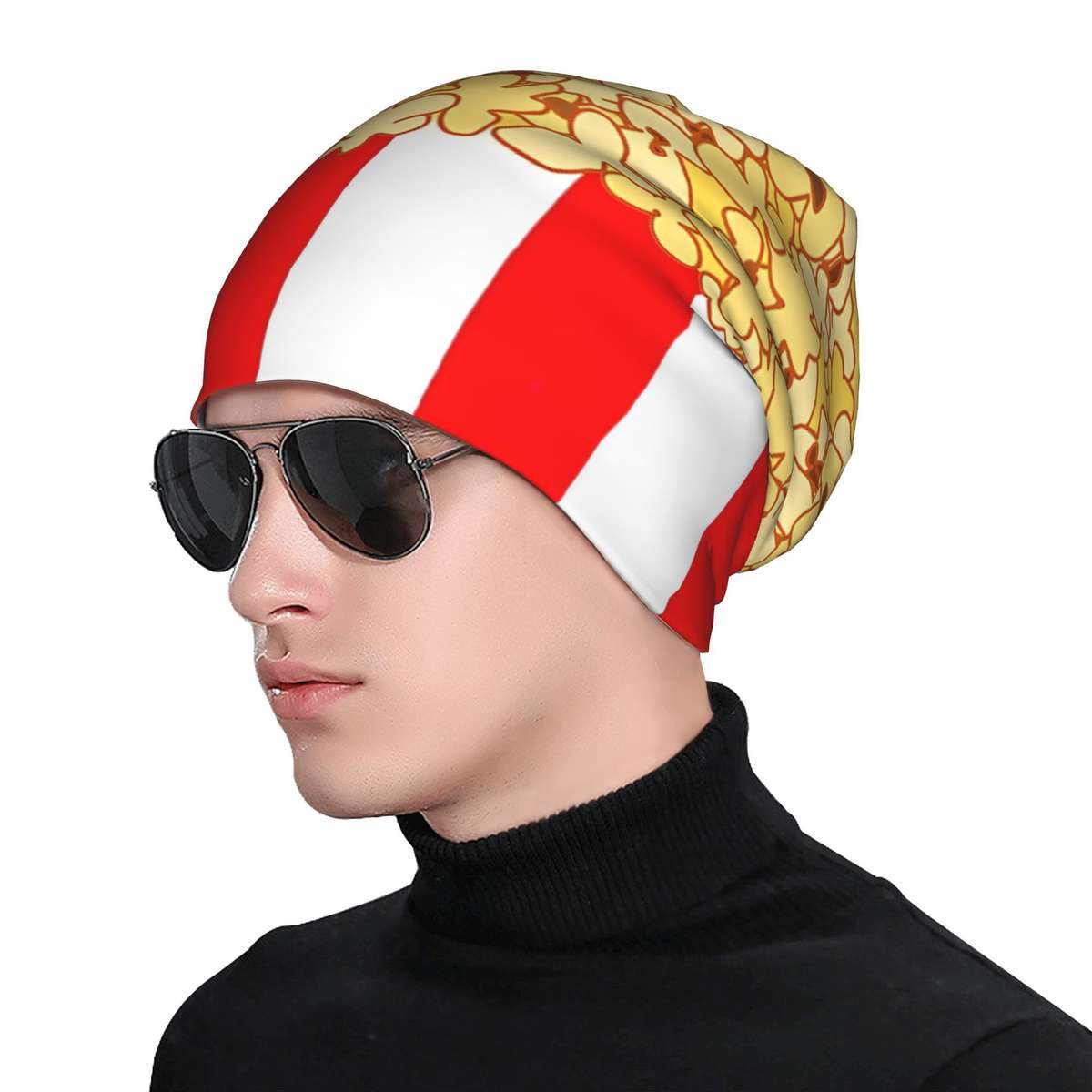 Men's Popcorn Print Beanie Fashionable Red White Striped Knit Hat with Yellow Popcorn D