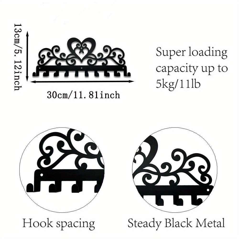 Vintage Heart-Shaped 10-Hook Black Metal Key HolderStylish Wall-Mounted Organizer for K