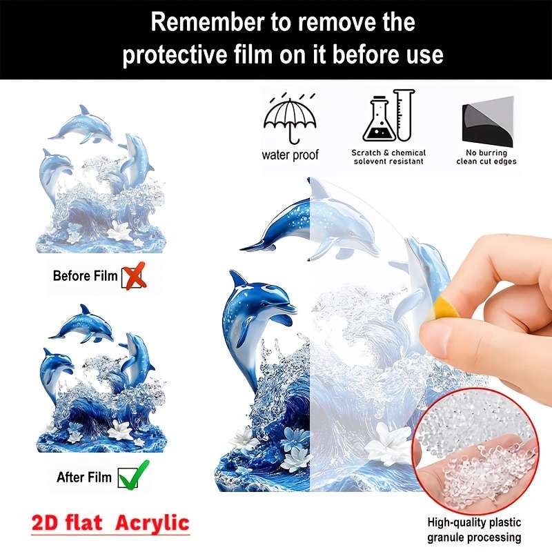 2D Flat Printing Blue Three Dolphins Acrylic Display Sign Cafe Bedroom Living Ro