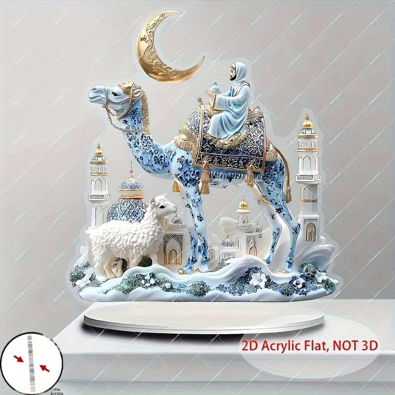 1pc 2D Flat  Acrylic Flat Traditional Mosque Shepherd Scene Decor with Camel Sheep Vibrant Blue