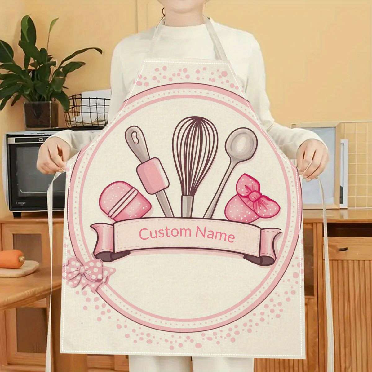 1pc Customizable Womens Chef Apron Personalized Name Linen Kitchen Apron with Whisk Culin