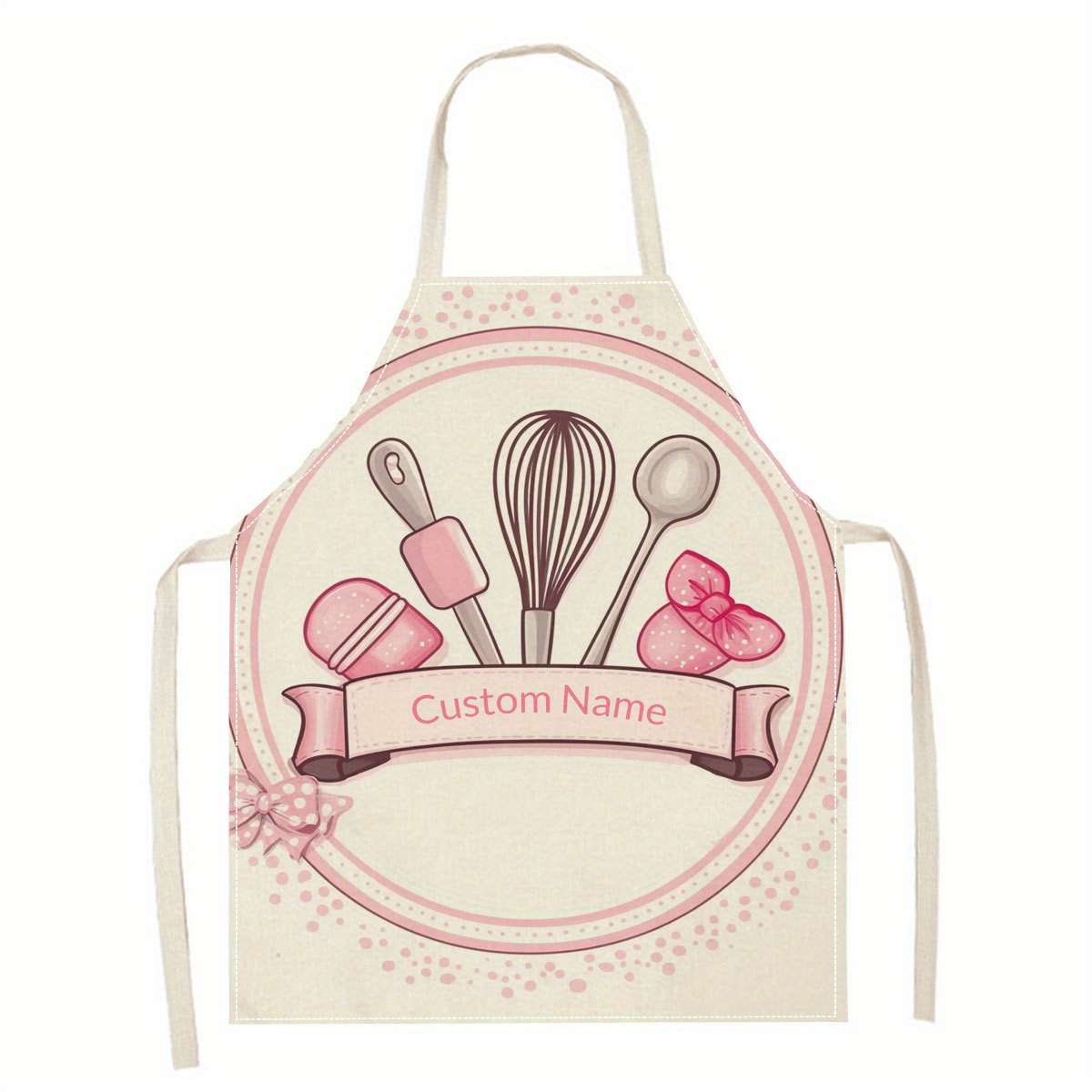 1pc Customizable Womens Chef Apron Personalized Name Linen Kitchen Apron with Whisk Culin