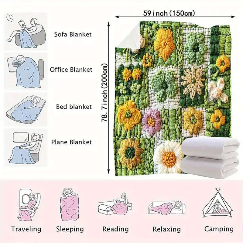 1 Floral Crochet Flannel Throw Blanket 150*200cm