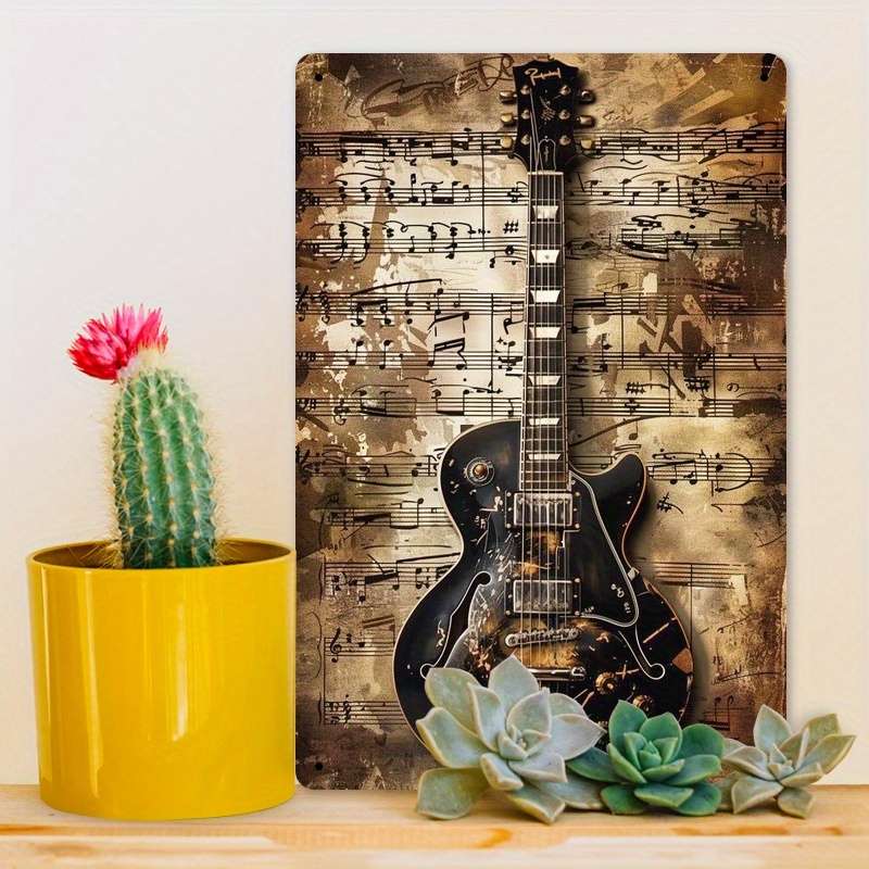 Room Decor  Vintage Iron Sign Guitar Musical Instrument Theme Retro Wall Decor 2D Flat P