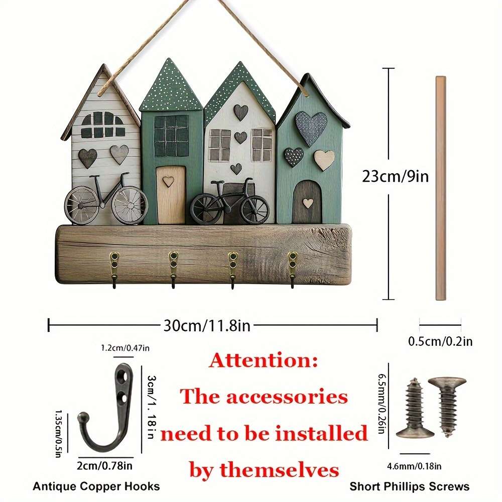 A Creative Small House And Bicycle Wall-Mounted Key Holder Featuring a Simple And Colorful Wooden K