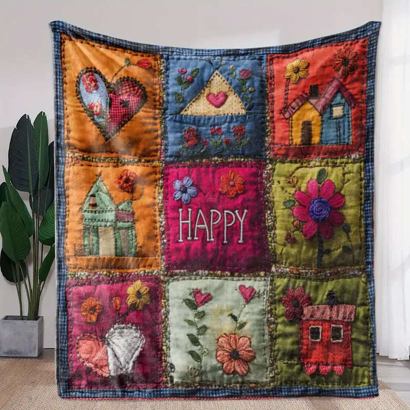 Throw Blanket With Heart And Floral Patchwork Design 130*150cm