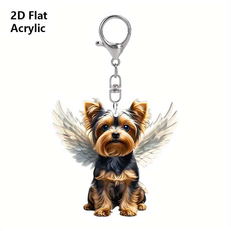 1pc 2D Flat Charming Yorkshire Terrier Acrylic Keychain with Angel Wings Cute  Design Transparent