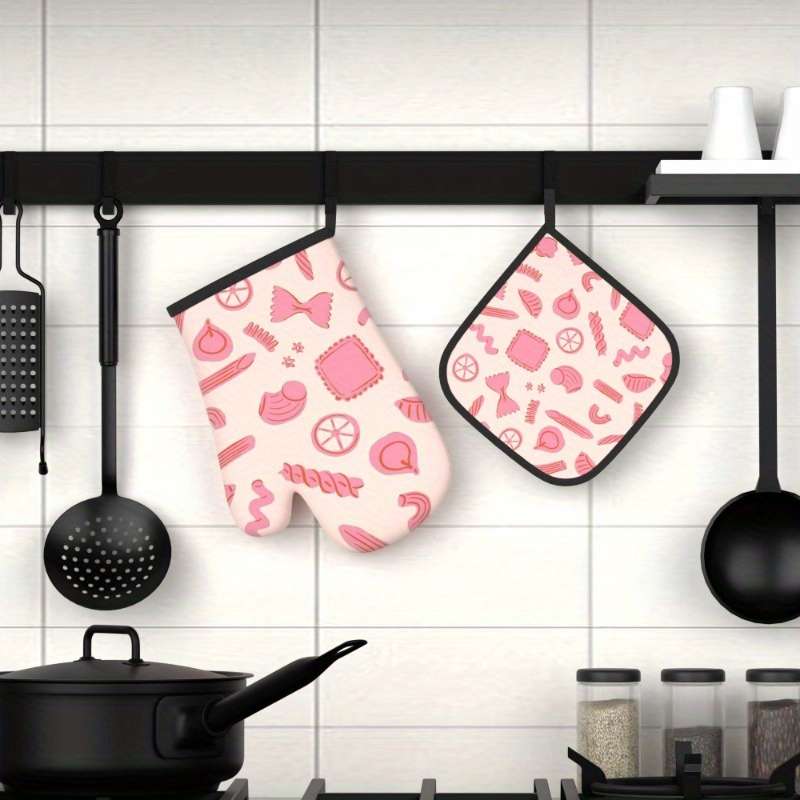 2-Pack Pink Pattern Polyester Oven Mitts 26.92x17.02 cm Heat Resistant Kitchen Potholders Ma