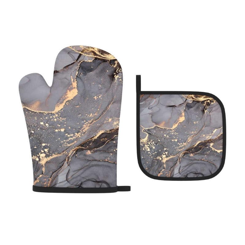 2pcs Grey Marble Pattern Polyester Oven Mitts