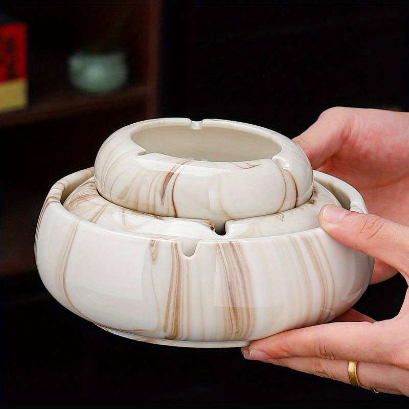 1pc Luxury Marbled Ceramic Ashtray Elegant White Brown and Beige Design with Glossy Finish Ide
