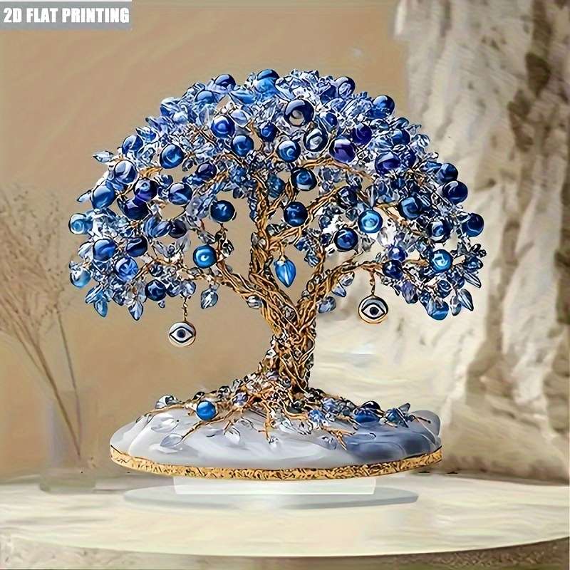 1pc 2D Flat  Elegant  Turkish Evil Eye Tree Acrylic Desktop Decor Blue Clear Beads with Golde