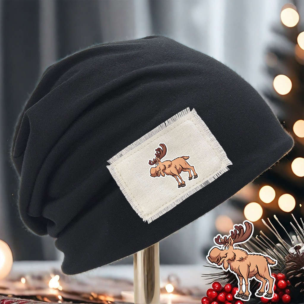 Cozy Moose Print Beanie Hat Unisex Stretch Fit Lightweight Washable Brown With White Pat