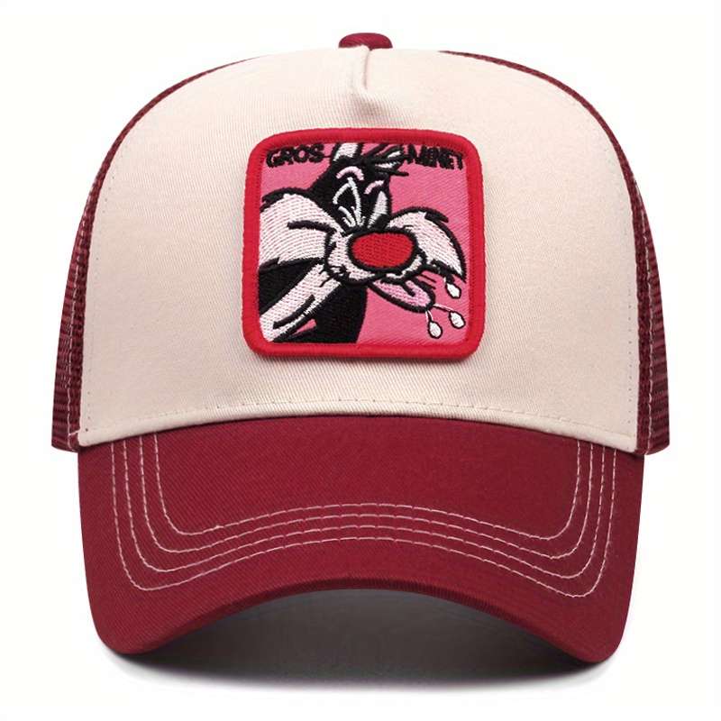 1pc Unisex Adjustable Breathable Trucker Hat with Cartoon Embroidery Mesh Back Panel Durable