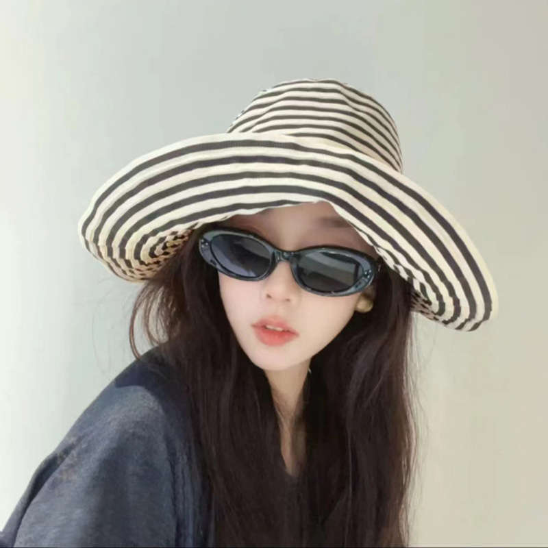 Women'S Summer Foldable Striped Bucket Hat with Large Brim