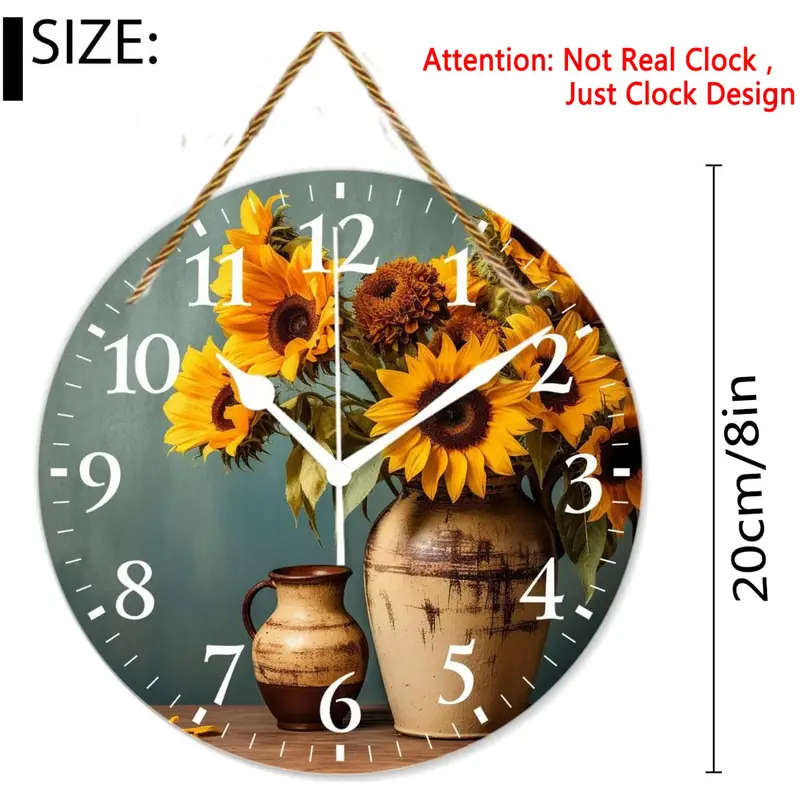 1pc 2D Round Wall Clock Design Wood Sign Vintage Sunflower Yellow Flower Floral Print Print Wall Clo