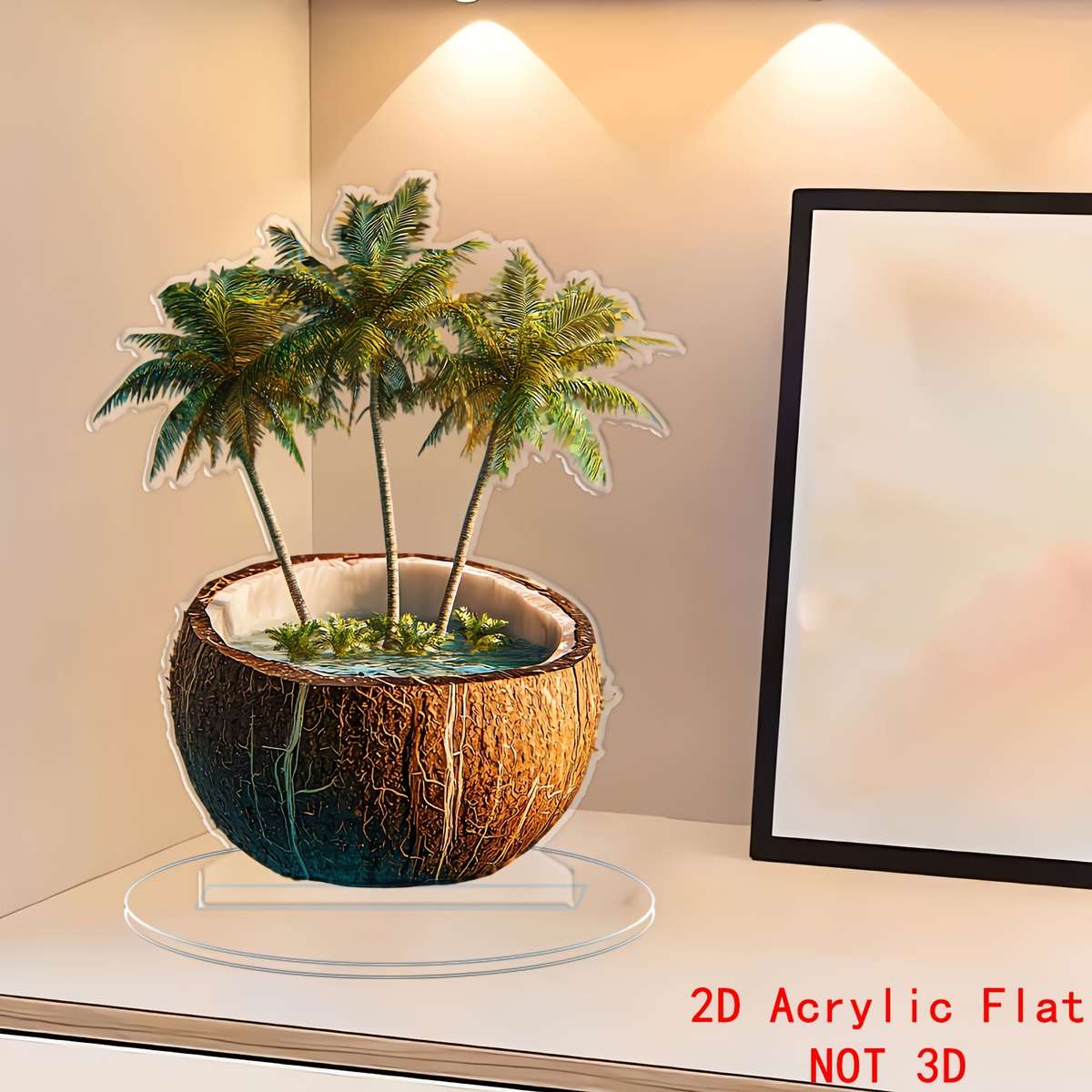 2D Flat Acrylic Coconut Shell Planter With Palm Tree Design Clear Decorative Desktop