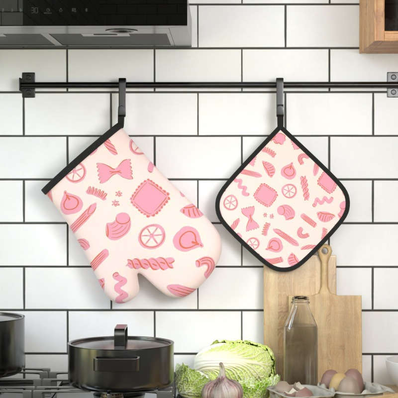 2-Pack Pink Pattern Polyester Oven Mitts 26.92x17.02 cm Heat Resistant Kitchen Potholders Ma