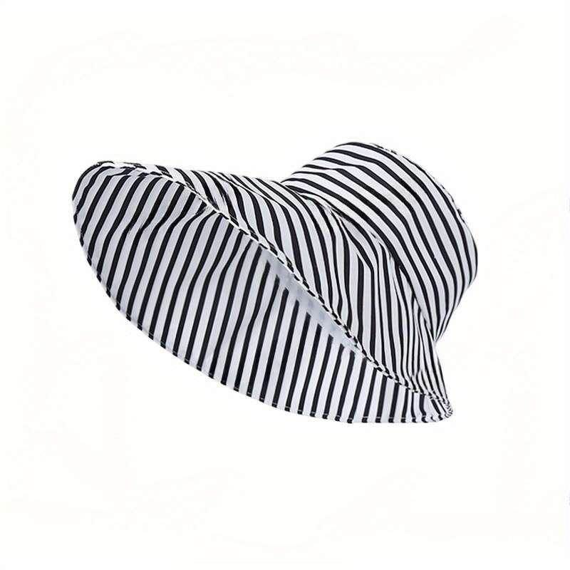 Black White Striped Wide Brim Bucket Hat Lightweight Breathable Sun-Protective Fisherman