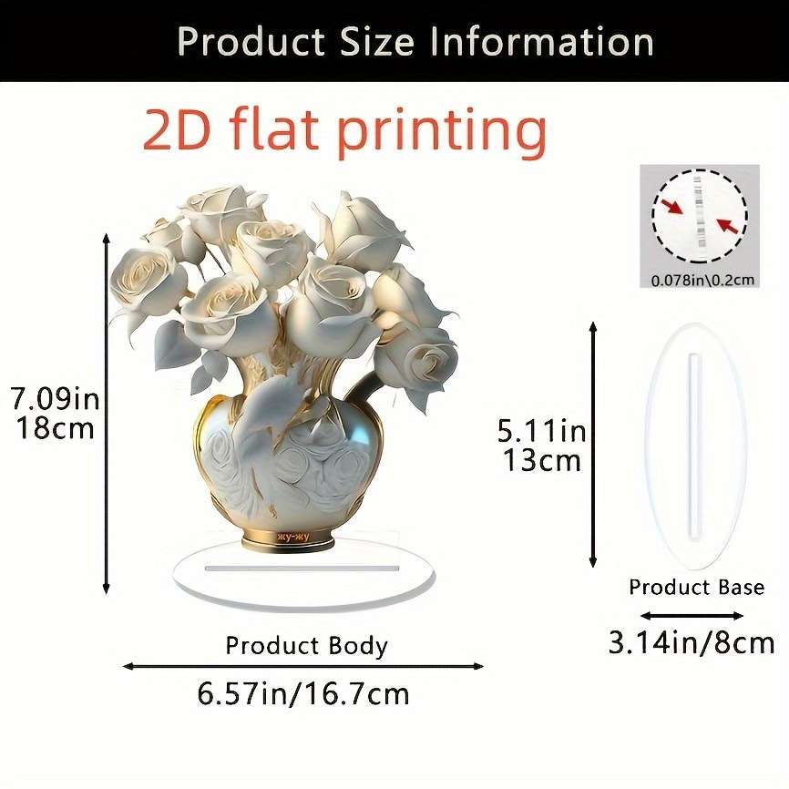 2D Flat Elegant Acrylic White Rose Desktop Decor With Golden Vase 18.01Cm X 16.69Cm Flora