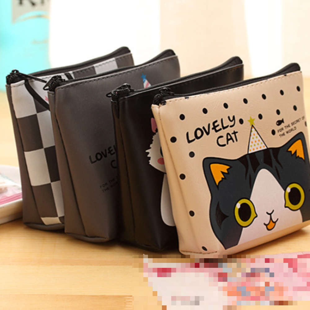Women'S Cat-Themed Zipper Coin Purse Compact Wallet With Adorable Cartoon Kitty Design Multi