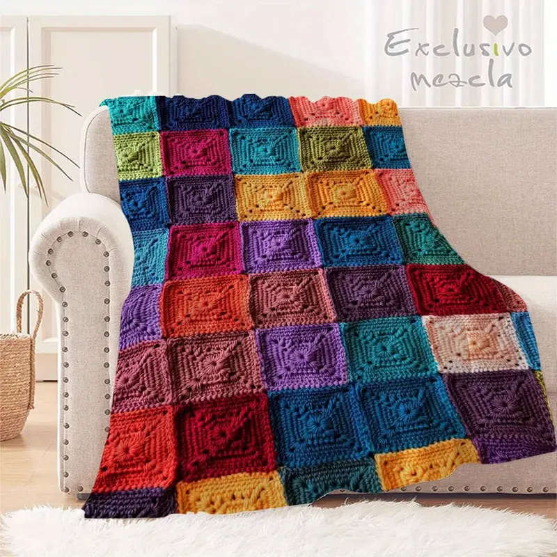 1 Brightly Colored Crochet Printed Flannel Blanket 150*200CM