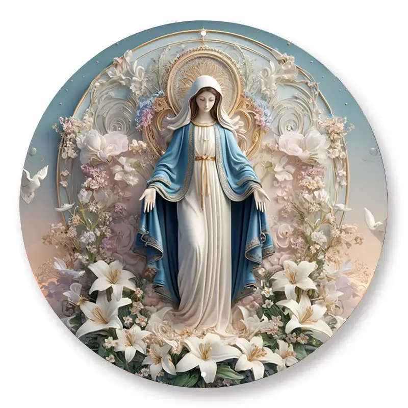 1pc Vintage Metal Sign Virgin Mary with Floral Background Aluminum Round Poster Sacred Imagery Retro