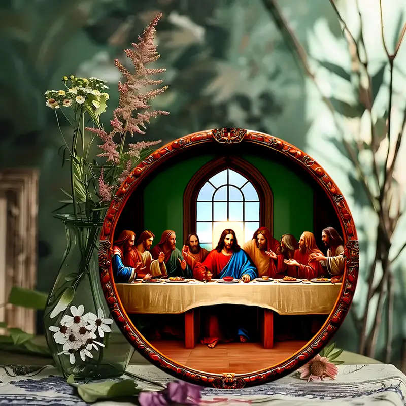 1pc Vintage Aluminum Last Supper Wall Art 19.81cm Round Sign with Stained Glass Design Waterproof Fa