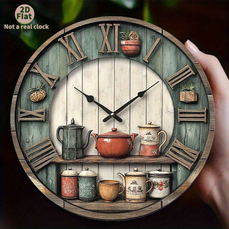 1pc 2D Flat Rustic Farmhouse Kitchen Wall Clock 2D Flat Non-Real Clock Design Vintage Country S