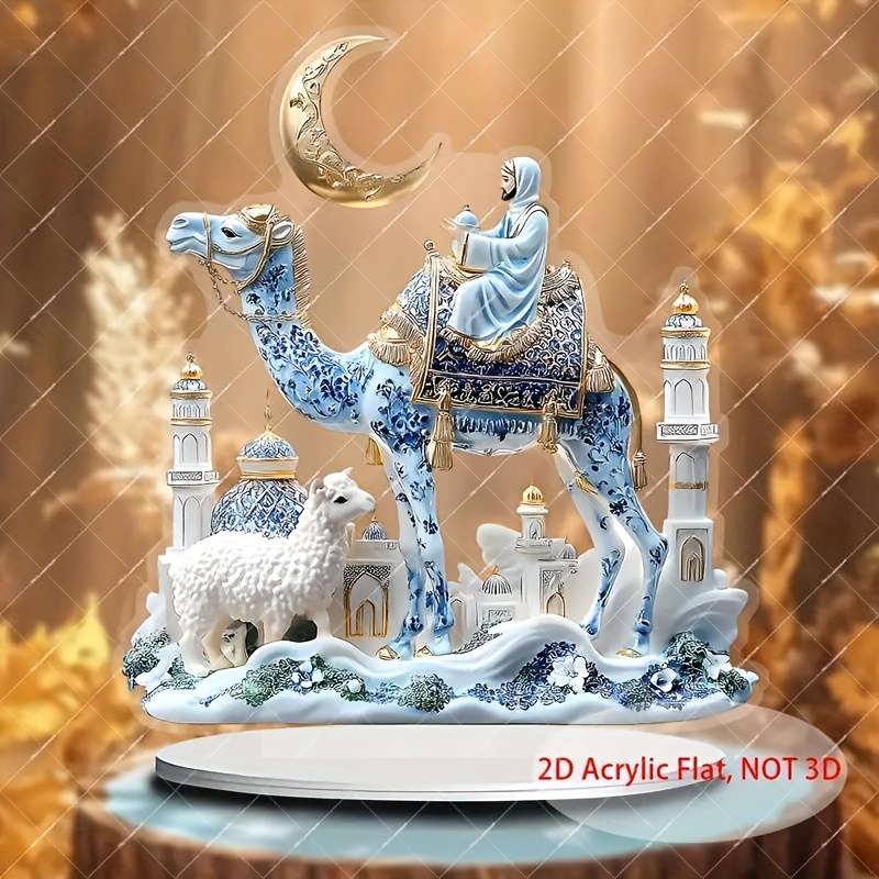 1pc 2D Flat  Acrylic Flat Traditional Mosque Shepherd Scene Decor with Camel Sheep Vibrant Blue