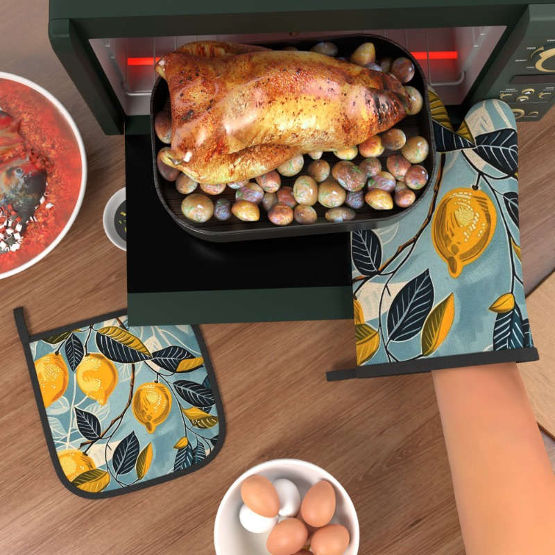 2pcs Lemon Leaf Pattern Oven Mitts